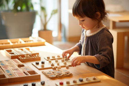 A little girl focused and fully engrossed in a game of checkers, her tiny hands moving the pieces on a brown wooden table, A visual representation of Montessori education, AI Generatedの素材