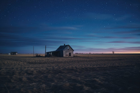 A lone barn stands in the center of a vast field shrouded in darkness, illuminated only by the faint glow of the night sky, A wide prairie under a clear, starry night sky, AI Generatedの素材