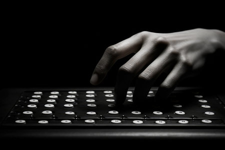 A person skillfully types on a keyboard in the dark, highlighting their proficiency in the digital realm, A visually striking representation of Braille, AI Generatedの素材