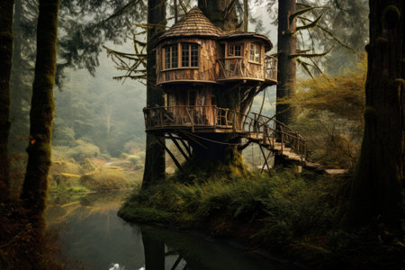Discover the rustic charm of a tree house nestled in the middle of a lush forest, offering a unique nature retreat for adventure seekers, A whimsical treehouse in a secluded forest, AI Generatedの素材