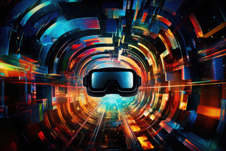 Virtual Reality Device in Tunnel, Immersive Experience for Virtual Environments, Abstract visualization of the inside of a virtual reality headset, AI Generatedの素材