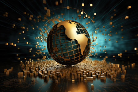 A stunning image featuring a shining golden globe, encircled by cubes, in a dimly lit room, Abstract representation of global finance, AI Generatedの素材