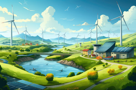 This picturesque painting portrays a serene green landscape dotted with elegant windmills, An abstract representation of sustainable living with solar panels and wind turbines, AI Generatedの素材