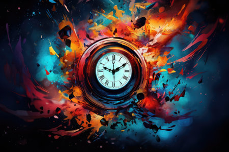 A clock is surrounded by vibrant, multicolored paint splatters, creating a lively and artistic display, An abstract clock, with time flowing in vibrant colors, AI Generatedの素材