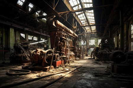 This image showcases the interior of an antique factory, revealing an extensive array of machinery, An abandoned industrial site filled with derelict machinery, AI Generatedの素材