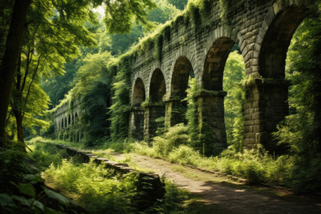 An enchanting stone bridge, nestled amidst a vibrant forest of lush, verdant trees, An ancient aqueduct in a lush landscape, AI Generatedの素材