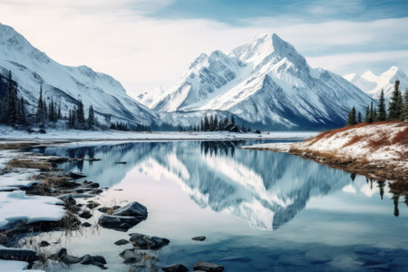 A captivating painting showcasing a snowy mountain range with a serene lake in the foreground, An Alaskan landscape with snow-covered mountains and a tranquil lake, AI Generatedの素材