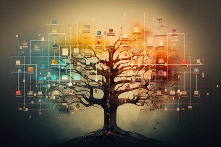Tree Covered in Photos, A Collection of Memories and Moments, An abstract visualization of a multigenerational family tree, AI Generatedの素材