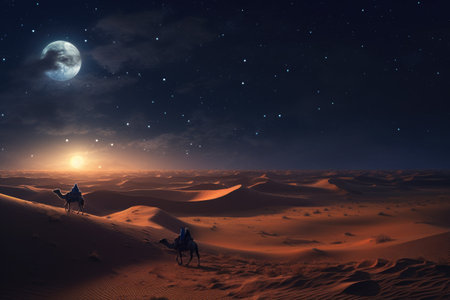 Two people embark on an adventurous journey across the desert riding on camels, illuminated by the glowing light of a full moon, An Arabian desert under a starlit night sky, AI Generatedの素材