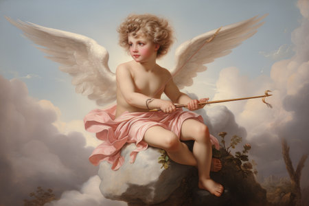 A serene painting of an angel gracefully perched on a rock, emanating celestial light, An angel cupid sitting on a cloud pointing his arrow, AI Generatedの素材