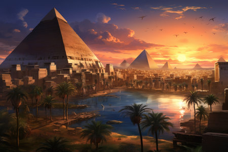 A vibrant painting capturing the majestic Pyramids of Egypt as the sun sets over the horizon, An ancient Egyptian cityscape with pyramids and the Sphinx, AI Generatedの素材