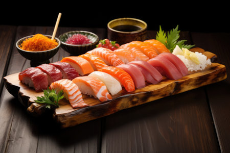 A vibrant platter filled with a selection of mouthwatering sushi rolls, elegant nigiri, and delicate sashimi, An assortment of sushi on a bamboo serving tray, AI Generatedの素材