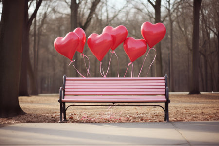 A colorful assortment of heart-shaped balloons fills a bench, creating a joyful and romantic atmosphere, An assortment of love heart balloons tied to a park bench, AI Generatedの素材