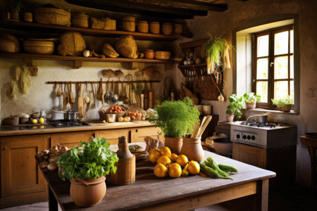 Kitchen Overflowing With an Abundance of Potted Plants, An authentic Italian farmhouse kitchen with homemade pasta and fresh ingredients, AI Generatedの素材