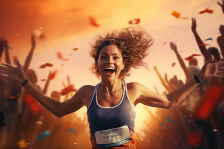 A woman runs in a marathon with her hands raised high in triumph, celebrating her achievement, An athlete crossing the finish line with joy, AI Generatedの素材