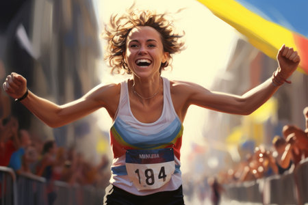 A woman enthusiastically runs in a marathon, with her arms joyfully raised high in the air, An athlete crossing the finish line with joy, AI Generatedの素材