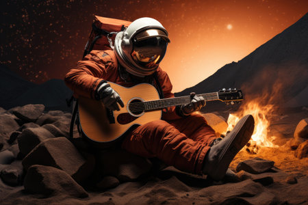 Astronaut playing guitar on the beach in the moonlight, An astronaut playing a guitar beside a campfire on Mars, AI Generatedの素材