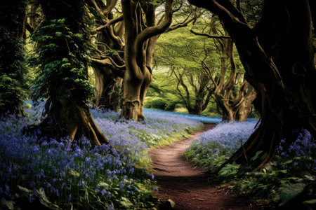 A winding path meandering through a lush forest, adorned with striking blue flowers, An enchanting woodland with a carpet of bluebells, AI Generatedの素材