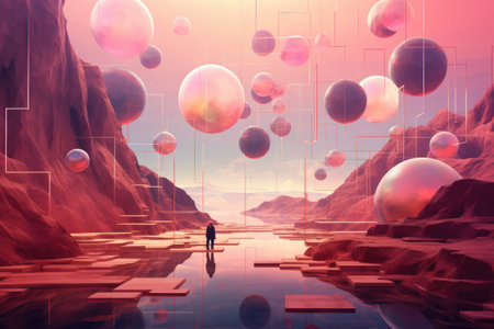 A man stands in a surreal landscape filled with floating balls, An ethereal dreamscape filled with floating geometric shapes, AI Generatedの素材