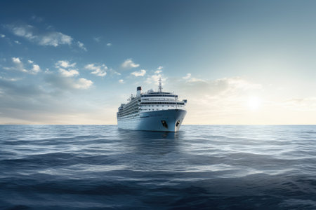 A cruise ship glides through the endless expanse of the ocean, surrounded by calm and serene waters, An empty cruise ship sailing in the middle of the ocean, AI Generatedの素材