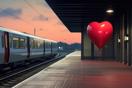 A red heart shaped balloon perched on the side of a train, An empty train station platform with a lone love heart balloon, AI Generatedの素材