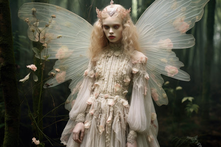 A magical woman dressed as a fairy stands gracefully amidst a lush forest, radiating wonder and whimsy, An ethereal forest setting with fairy-inspired fashion, AI Generatedの素材