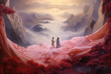 An oil painting depicting two individuals triumphantly standing atop a majestic mountain, An ethereal landscape, a couple sharing a magic carpet ride, AI Generatedの素材