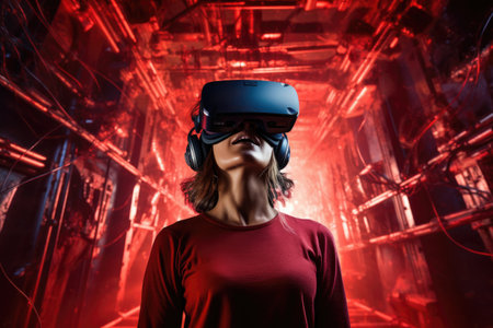 A woman immersed in a virtual reality experience as she dons a headset, A woman wearing virtual reality goggles, immersed in a game, AI Generatedの素材