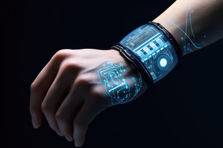 This close-up image showcases a wrist watch placed on a persons arm, A wrist implant measuring various health parameters, AI Generatedの素材