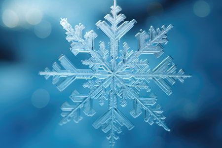 A detailed view of a single snowflake against a vibrant blue background, An icy and frosty texture of a snowflake, AI Generatedの素材