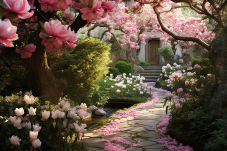 A picturesque garden featuring a vibrant display of pink flowers accentuated by a peaceful stone path, An enchanting spring garden in full bloom, AI Generatedの素材