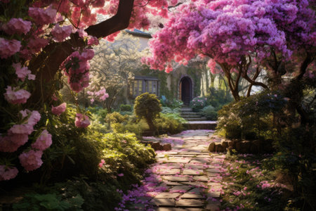 A picturesque garden featuring a stone path surrounded by beautiful pink flowers, An enchanting spring garden in full bloom, AI Generatedの素材