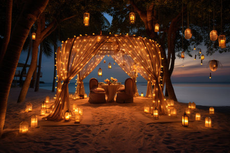 Table Set Up Under Canopy Covered in Lights, A Cozy Outdoor Gathering Spot, An extravagant proposal setup on a private island illuminated by lanterns, AI Generatedの素材