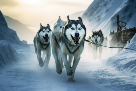 A pack of energetic Husky dogs run together through a beautiful snowy landscape, An ice sled pulled by a team of huskies in Alaska, AI Generatedの素材