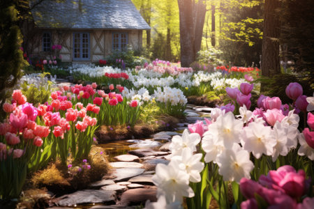 A picturesque garden brimming with an abundance of pink and white flowers, creating a serene and tranquil atmosphere, An enchanting spring garden in full bloom, AI Generatedの素材