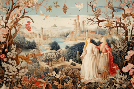 A painting featuring two women standing in a serene forest setting, An illustrative story told through elegant tapestry, AI Generatedの素材