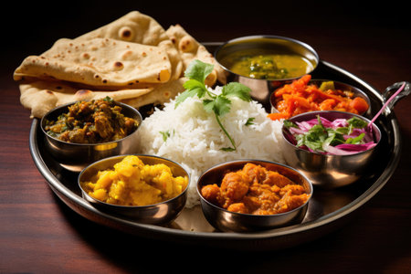 A metal plate filled with a delightful mix of various food items that are sure to satisfy any craving, An Indian thali full of colorful curries and rice, AI Generatedの素材