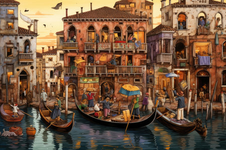 An exquisite painting depicting a gathering of individuals enjoying a boat ride on calm waters, An imaginative drawing of a family vacation in Venice, AI Generatedの素材