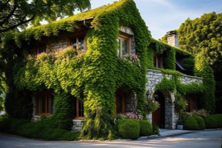 A picturesque house covered in lush vines and vibrant flowers basking in the sunlight, An idyllic country house with vine-covered walls, AI Generatedの素材