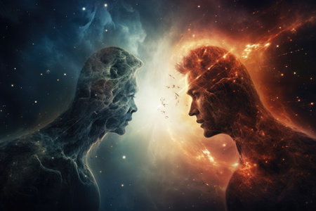 A captivating image where a man and a woman meet face to face amidst the vastness of outer space, An interstellar conversation between two galaxies, AI Generatedの素材