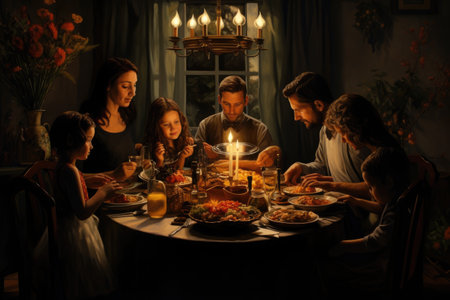 A family comes together for a meal, surrounding a dinner table with a single lit candle, An intimate family dinner symbolizing the celebration of Mothers Day, AI Generatedの素材