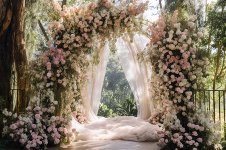 Elegant wedding arch adorned with beautiful pink and white flowers, creating a romantic and enchanting ambiance, An intimate garden wedding beneath a floral archway, AI Generatedの素材