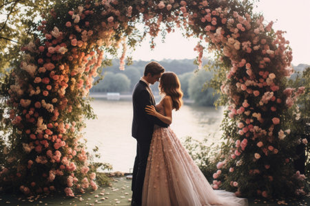 A bride and groom standing together in front of a beautifully decorated floral arch, An intimate garden wedding beneath a floral archway, AI Generatedの素材