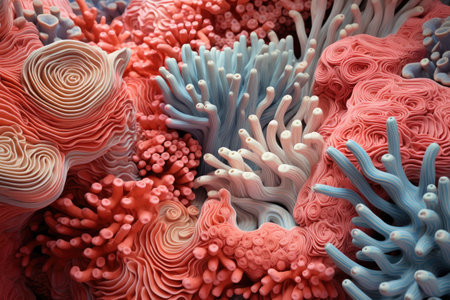 A stunning close-up photograph capturing the intricate details and vibrant colors of a beautiful coral reef formation underwater, An intricate and complex texture of a coral reef, AI Generatedの素材