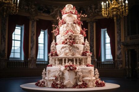 A beautiful, elegant cake with a white base and stunning red flowers adorning the top, An intricately decorated five-tier wedding cake, AI Generatedの素材