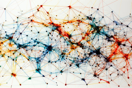 Large Network of Lines and Dots on White Background, An intricate network of rabbit holes in a grassy field, AI Generatedの素材