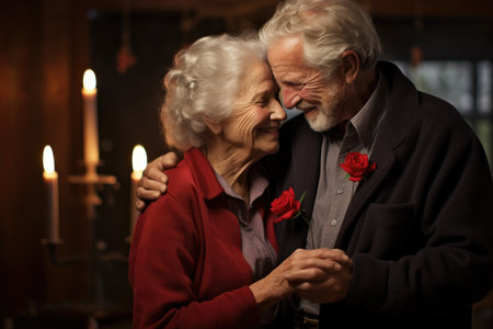A heartwarming image of an older couple affectionately embracing each other as romantic candles flicker in the backdrop, An old couple celebrating their 50th Valentine's Day, AI Generatedの素材