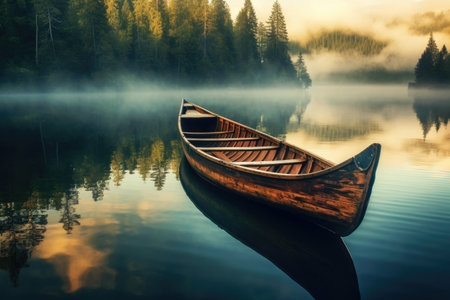 A serene scene of a boat peacefully floating on top of a lake, situated alongside a dense forest, An old wooden canoe on the glassy surface of a quiet lake, AI Generatedの素材