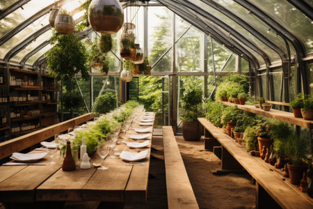 A serene wooden table sits amidst a lush paradise of potted plants inside a greenhouse, An organic farm-to-table restaurant, ready for the evening service, AI Generatedの素材
