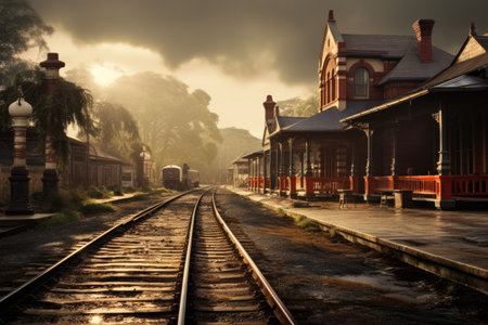 A train moves along the tracks as it passes by a bustling train station, An old Victorian-era railway station, AI Generatedの素材